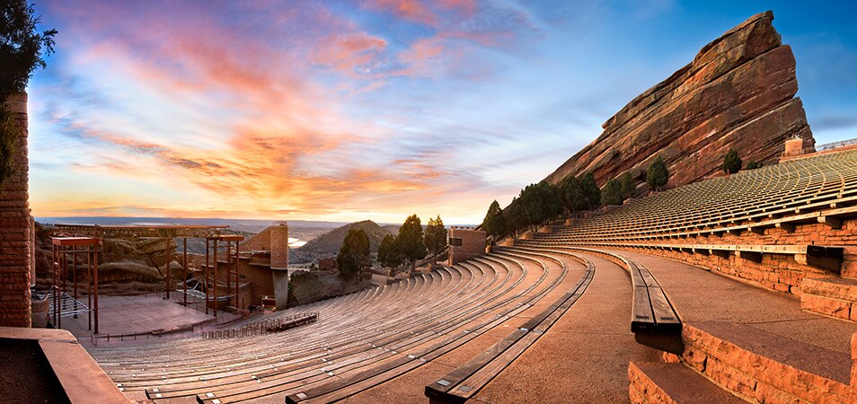 Sunrise over the steps at Red Rocks Amphitheatre in Denver, Colorado.
